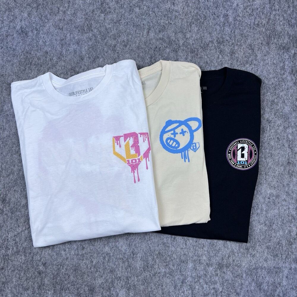 Lot Of 3 Baseball Lifestyle 101 Men's Graphic T-Shirt Short Sleeve Size Medium